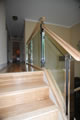 Hickory wood hand rail, glass w/ polished chrome baluster